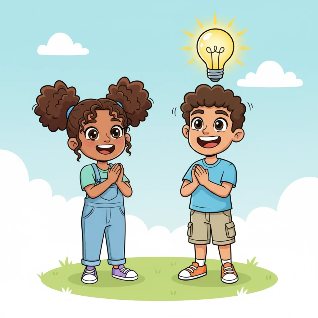 A giant, cartoonish lightbulb pops up above Tim's head as a concept finally clicks into place! His eyes go wide with understanding, and a huge, joyful grin spreads across his face. Leah claps her hands together, beaming with pride at his progress.