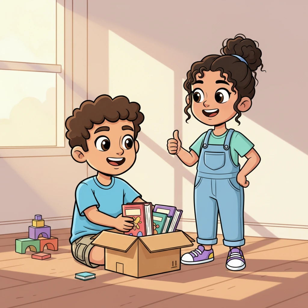 As the afternoon sun paints the room in warm, golden hues, Tim happily packs his books, feeling much more confident. He thanks Leah with genuine gratitude, his shyness replaced by a bright, contented smile. Leah gives him a friendly thumbs-up.