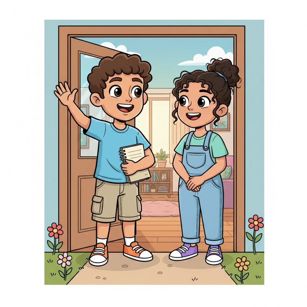 Tim waves goodbye at the door, promising to return next week for more calculus adventures. Leah watches him go, her heart full of warmth from their fun learning session. She smiles, knowing her new house is already filling with wonderful, friendly connections.