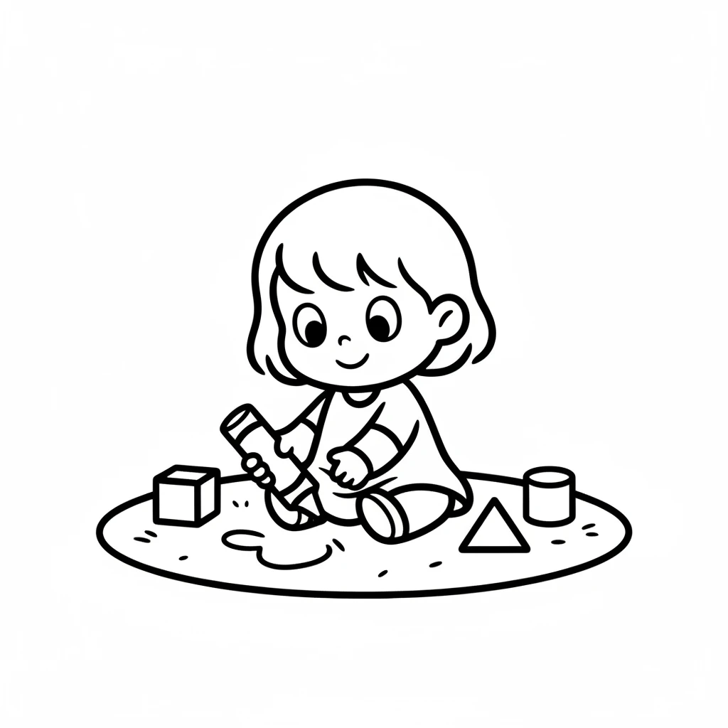 Dot, a small child with a round head and big, happy eyes, sits on a soft rug. A simple crayon is clutched in her hand, ready to make a mark. Around her are a few block-like toys, waiting for playtime.