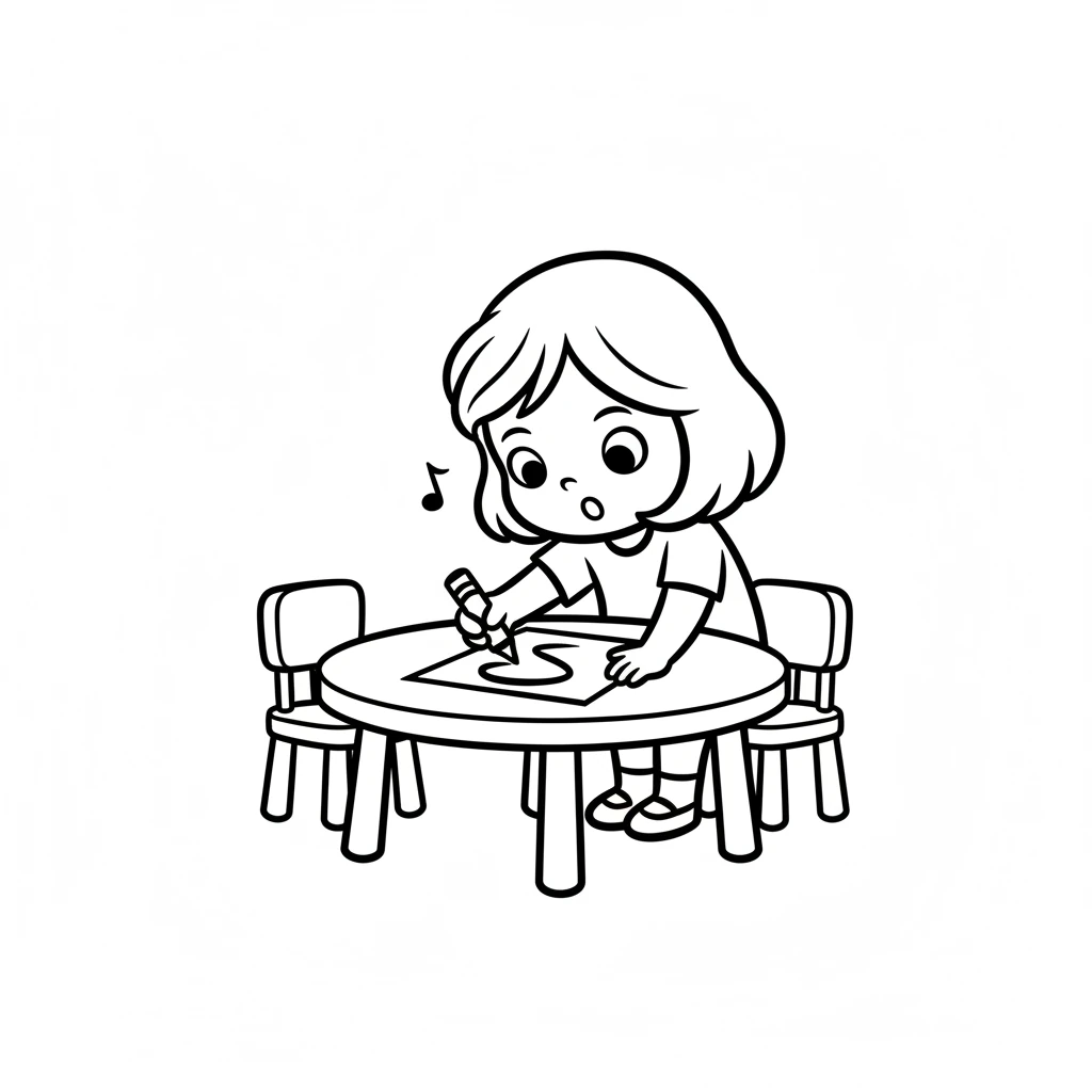 Leaning over a little round table, Dot focuses intently on a blank paper. Her small hand guides the crayon, leaving a bold, curved line across the white page. A tiny, joyful hum might escape her lips as she creates.