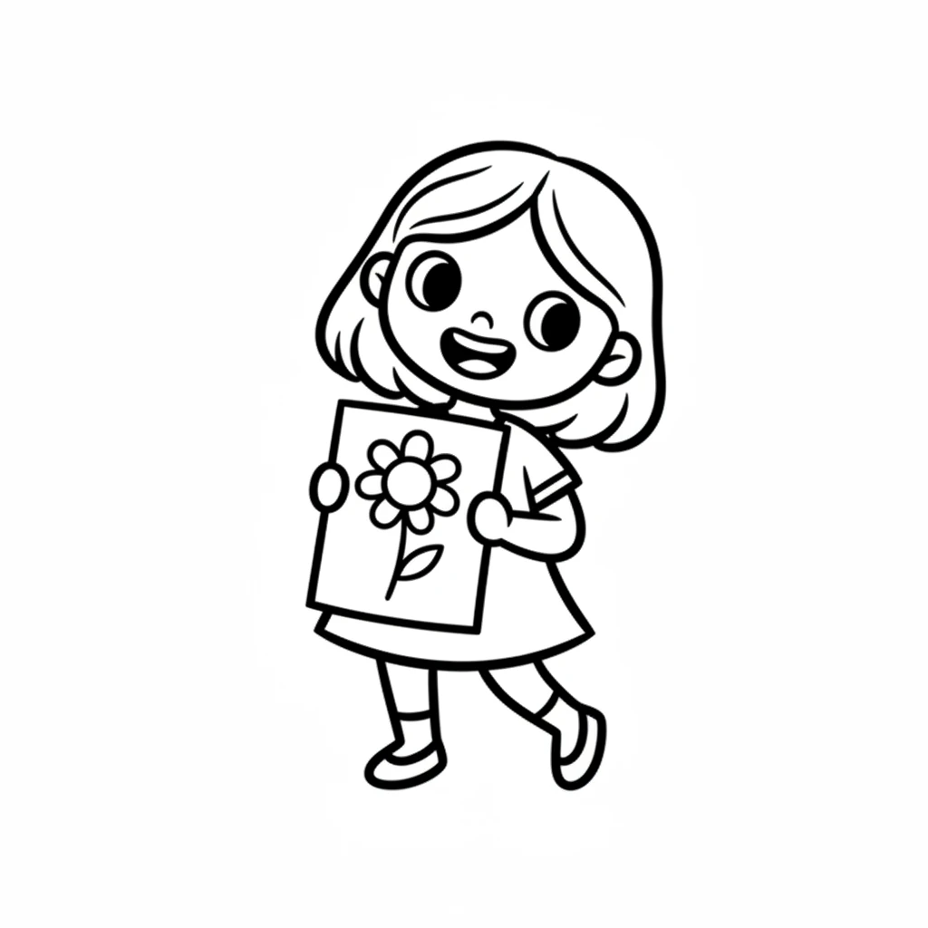 With a triumphant smile, Dot holds up her finished masterpiece. On the paper, a cheerful flower with a round center, two simple petals, and a leafy stem is clearly drawn. It's a simple drawing, full of heart.