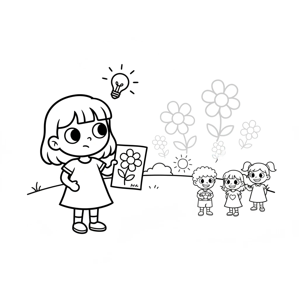 Dot looks at her flower drawing, a thoughtful expression on her face. An idea sparks in her mind, like a small, bright light. She imagines her lovely drawing being shared with others.