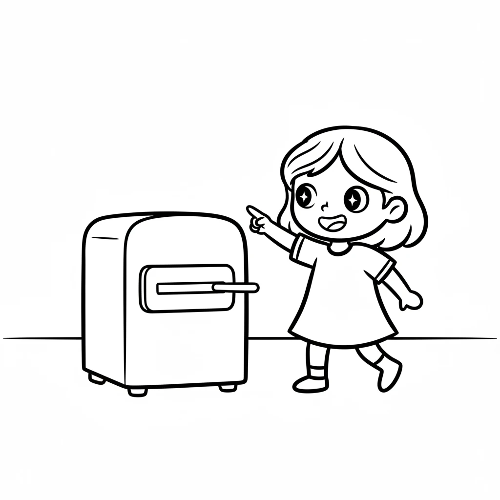 Dot stands beside a friendly-looking, boxy machine with a wide slot. Her finger points excitedly towards it, her eyes sparkling with a new plan. This machine will help her share her art.