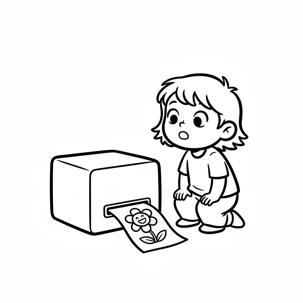 Slowly, a sheet of paper peeks out from the machine's slot. On it, Dot's happy flower drawing appears, but this time, it's just a clean, bold outline. Dot watches with wide-eyed wonder as it emerges.