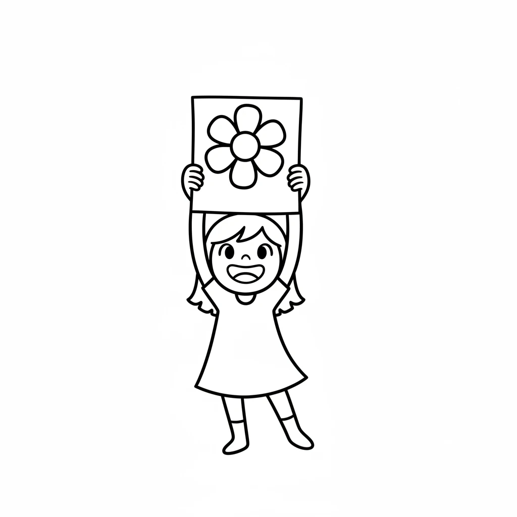Holding the fresh, black and white outline of her flower high, Dot beams with pride. The paper is crisp and white, perfect for new adventures. She can't wait to share this special creation.