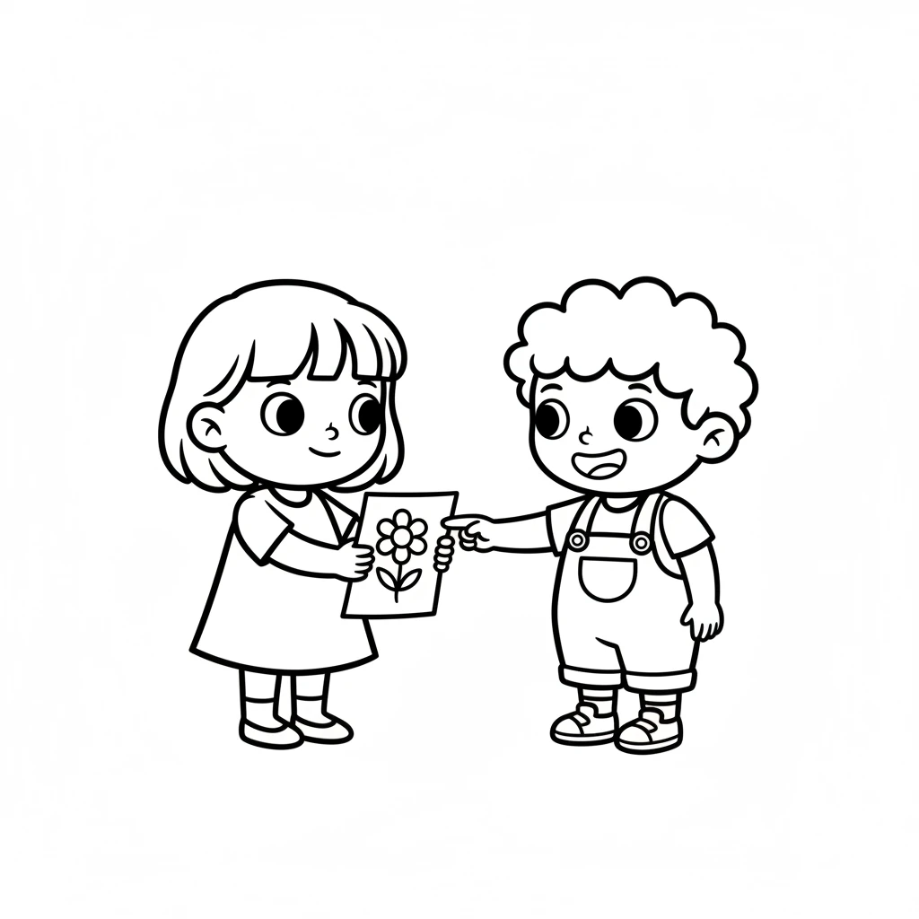 Dot offers one of her printed flower pages to her friend, Pip, who has a similar round face and simple body. Pip smiles brightly, reaching out a hand to gently take the drawing. It's a gift of creativity.