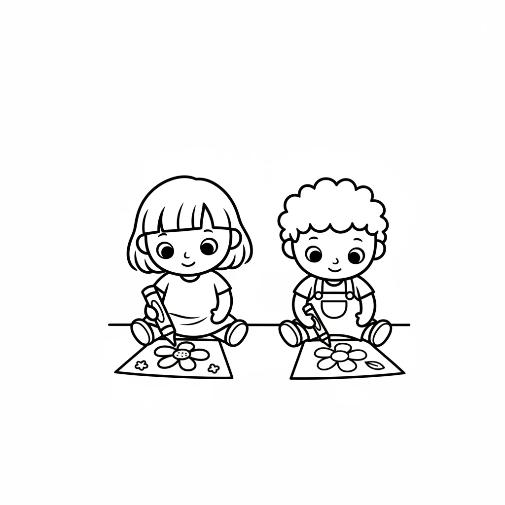 Side by side, Dot and Pip are now happily coloring their flower pages. They each hold a simple crayon, adding bold, joyful lines within the outlines. Their faces show quiet concentration and shared delight.