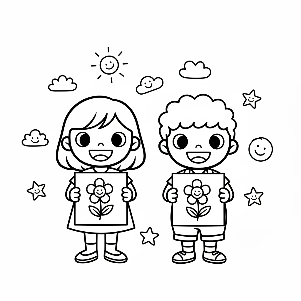 Dot and Pip stand together, proudly displaying their now brightly colored flower drawings. Their smiles are wide and genuine, reflecting the joy of creating and sharing art. Around them, more simple, happy drawings hint at a world full of imagination.