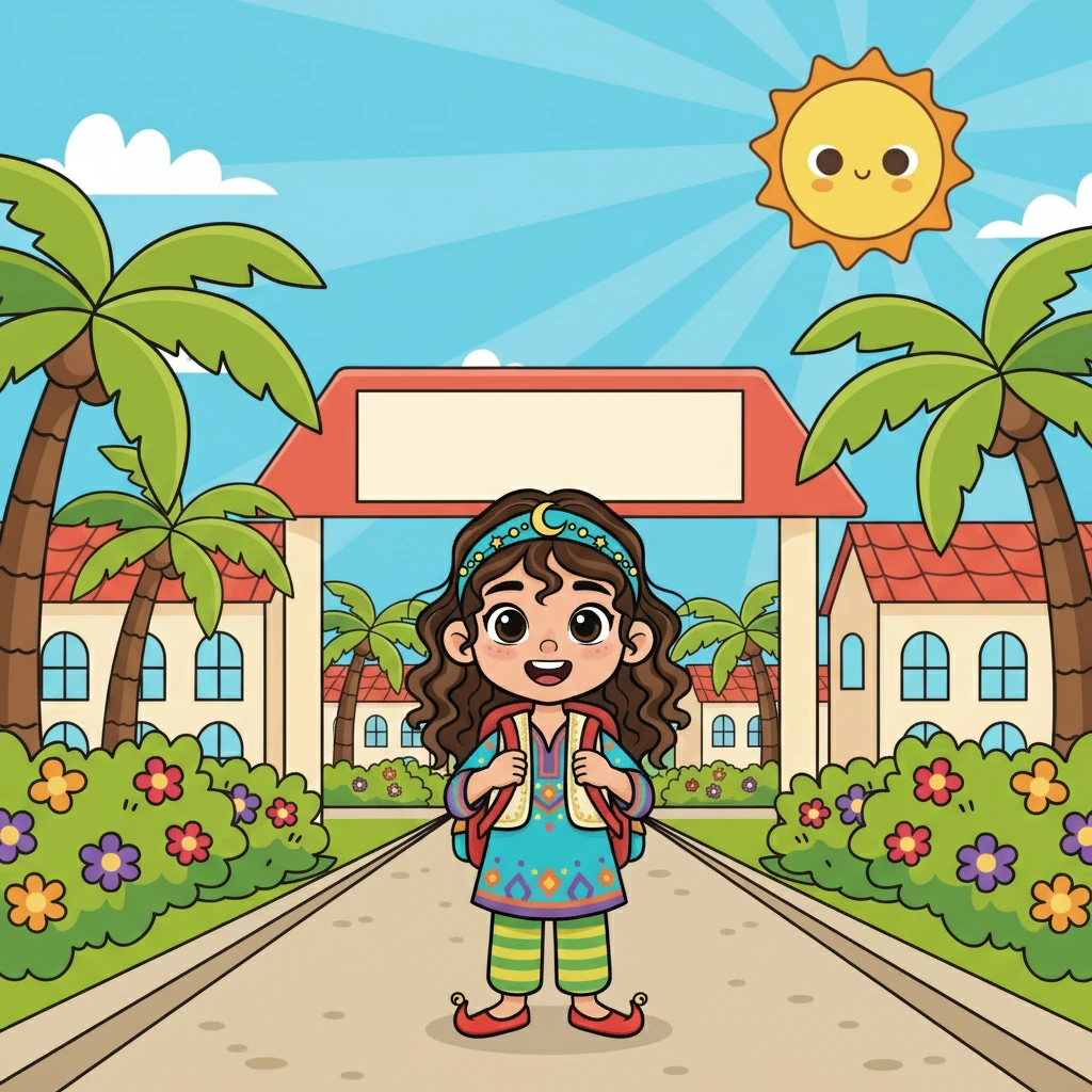 في يوم مشمس، كانت ديم تمشي إلى المدرسة، وهي تحمل حقيبتها المدرسية الجديدة بفخر. كانت متحمسة لبدء يوم جديد، لكنها لم تكن تعلم ما ينتظرها. بدأت الشمس في السطوع وهي تسير في طريقها.