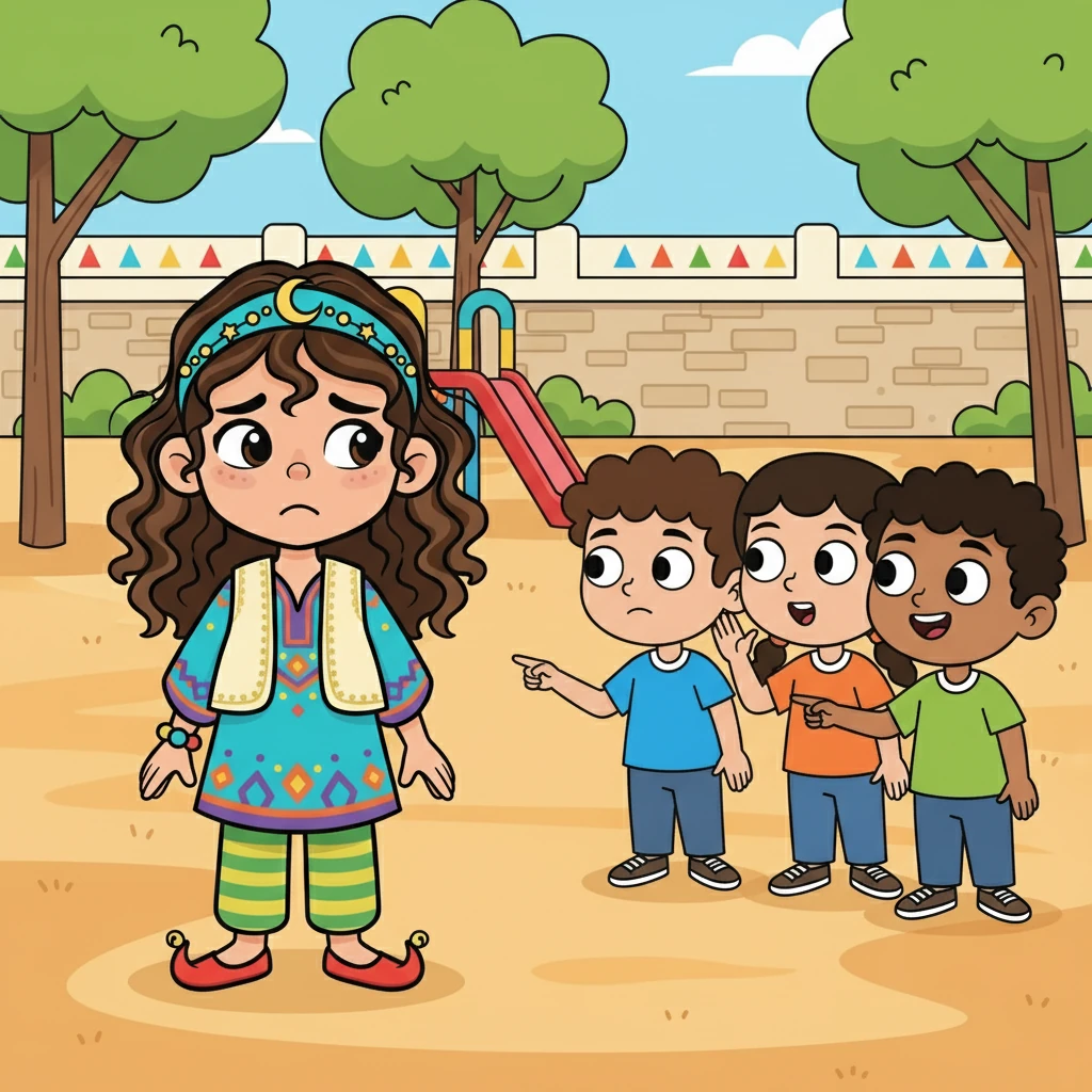 في ساحة المدرسة، لاحظت ديم أن مجموعة من الأطفال كانوا ينظرون إليها ويبتسمون بشكل غريب. بدأت تشعر بالقلق، لكنها تجاهلتهم في البداية. ومع ذلك، استمرت النظرات والهمسات، وبدأت ديم تشعر بالحزن.