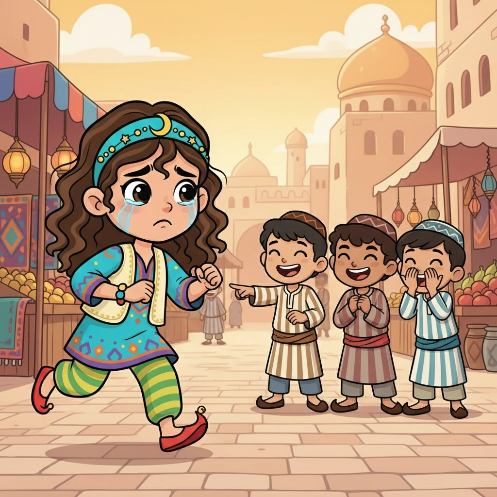 في يوم من الأيام، بينما كانت ديم تحاول اللعب مع الأطفال الآخرين، سخر منها بعض الأولاد بسبب مظهرها. شعرت ديم بالحزن والإحراج، وركضت إلى المنزل باكية. بدأت تشعر بالوحدة.