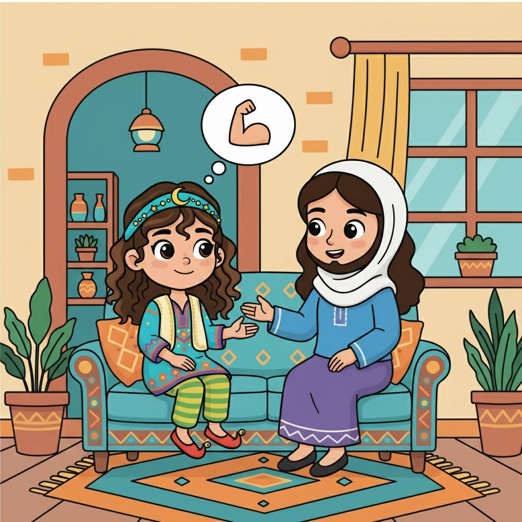 قررت ديم أن تتحدث إلى والديها عن التنمر. استمع إليها والداها بعناية، وطمأنوها بأنها ليست وحدها. شجعوها على التحدث إلى معلمتها، وتذكرت أنها قوية.