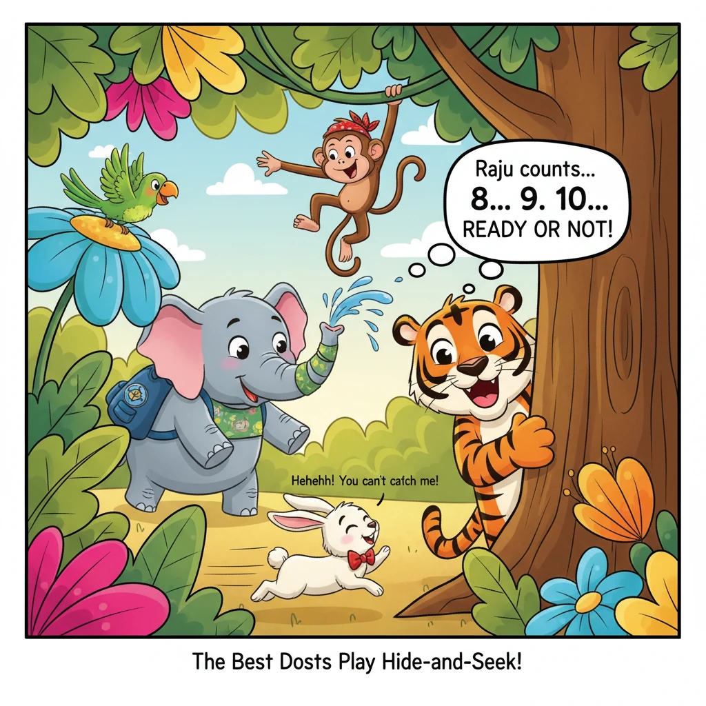 Raju the tiger, Moni the monkey, Gajju the elephant, Mithu the parrot, and Chinu the rabbit are playing a lively game of hide-and-seek among the giant