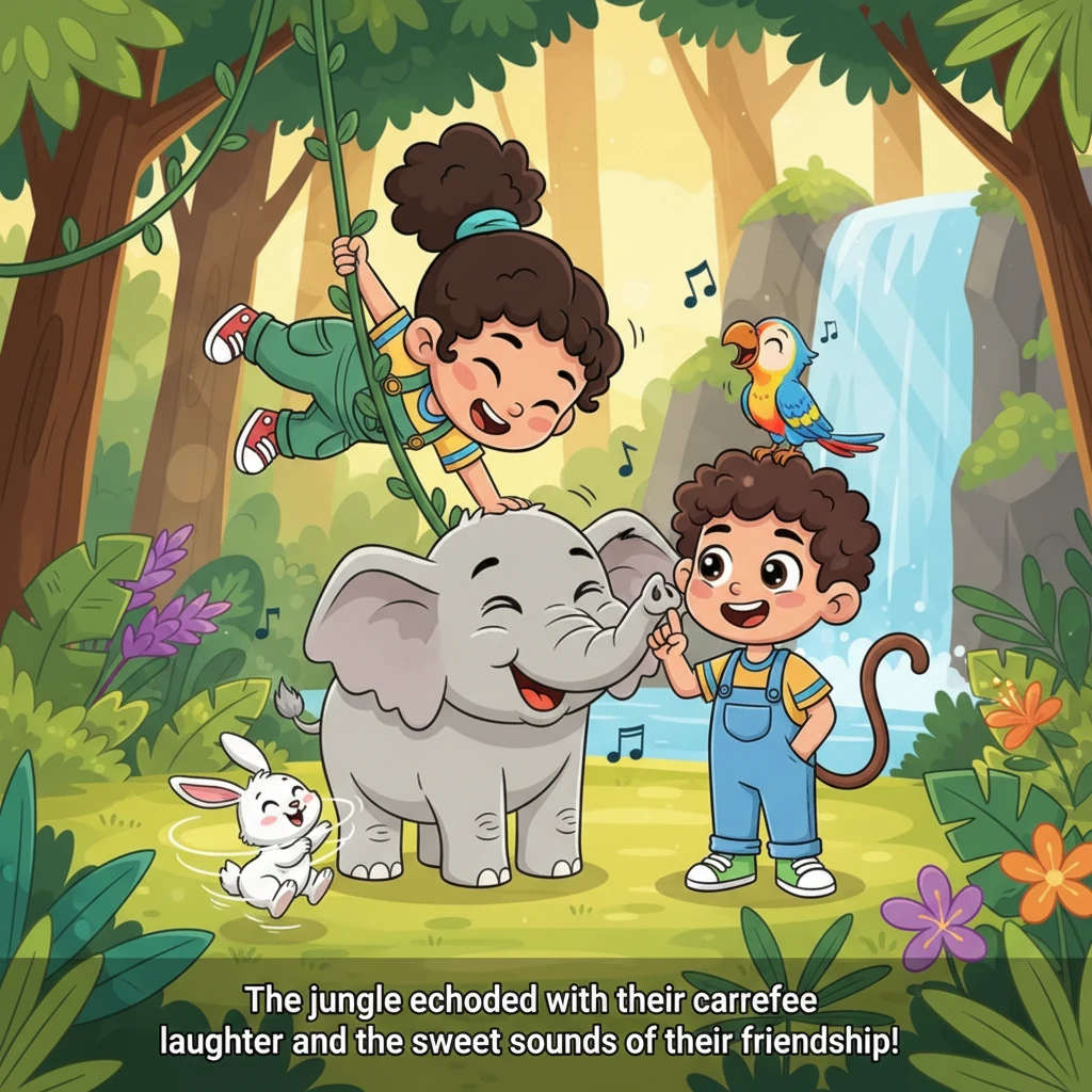 Moni dangles upside down from a vine, playfully tickling Gajju's ear, making the gentle elephant rumble with laughter. Raju watches with a warm smile,