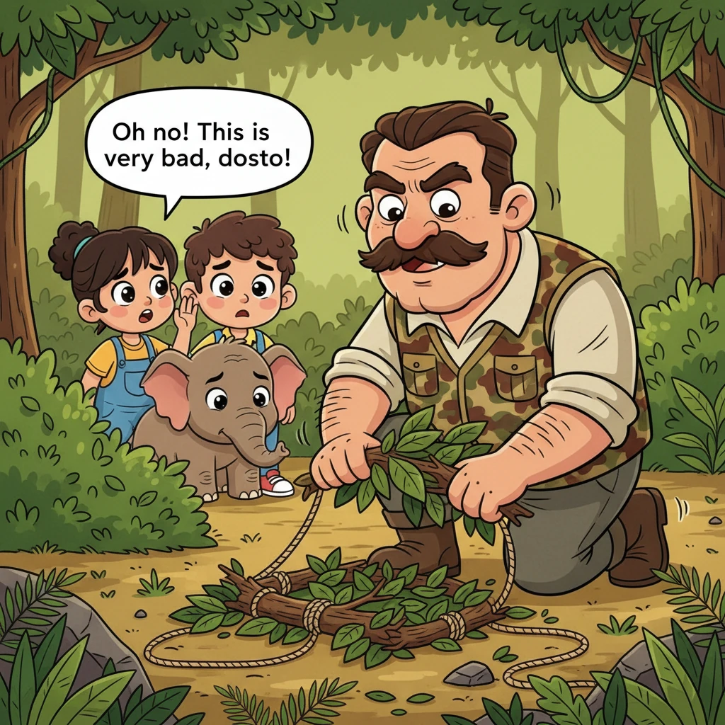 The hunter sets up his traps, camouflaging them with leaves and branches. Moni whispers, "Oh no! This is very bad, dosto!" The friends huddle together