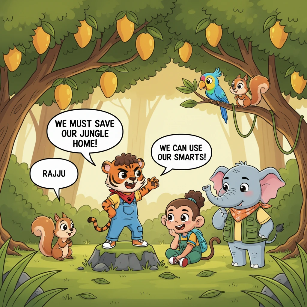 Raju gathers his friends beneath a giant mango tree for an urgent meeting. "We must save our jungle home!" he roars softly, his voice full of determin