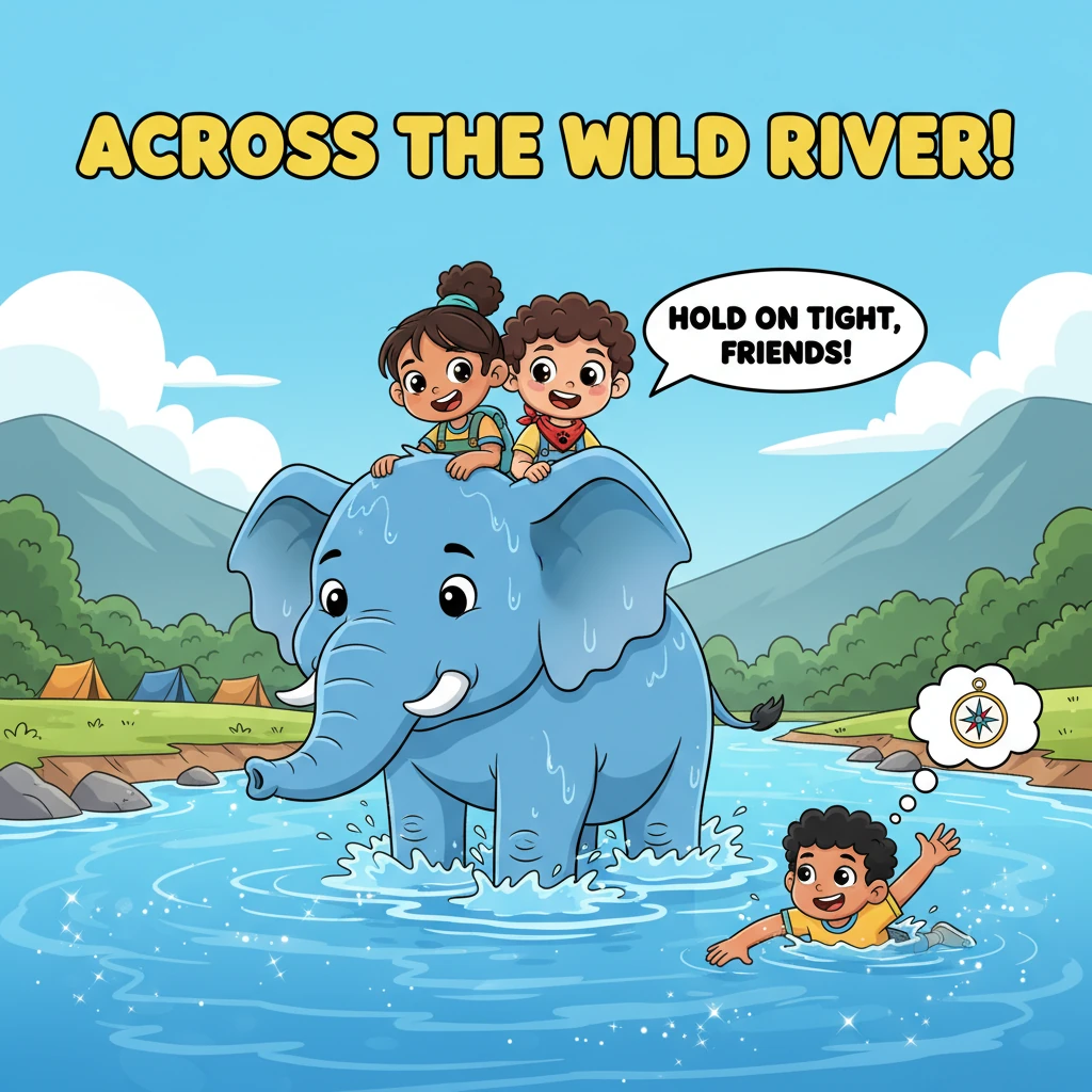 The friends cautiously approach a wide, sparkling river that separates them from the hunter's main camp. Gajju, with his gentle strength, carefully wa