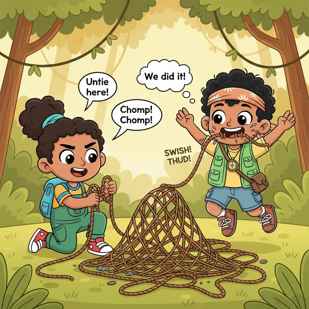 On the other side, they find a tricky net trap. Moni, with his nimble fingers, quickly unties the knots, while Chinu, with his lightning speed, gnaws