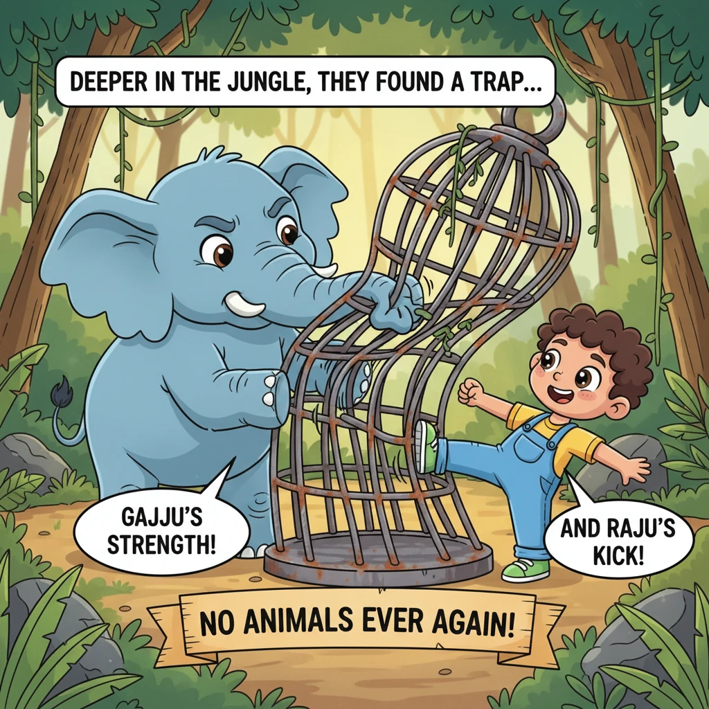 Deeper in the jungle, they discover a large, sturdy cage. Gajju steps forward, his gentle but powerful trunk wrapping around the cage bars. With a mig