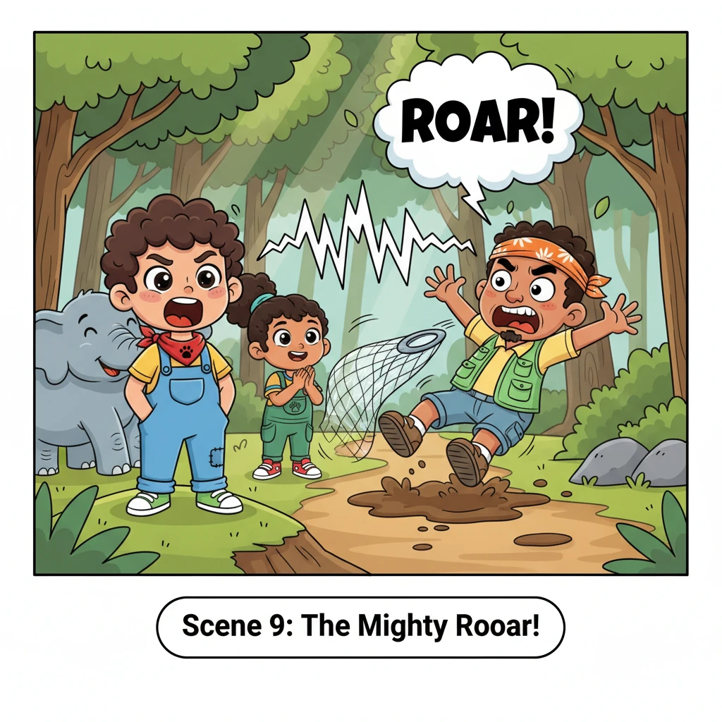 Hunter Hoshiyaar Singh, furious at his ruined traps, finally spots Raju and his friends. He lunges forward, net in hand, but Raju stands tall. With a