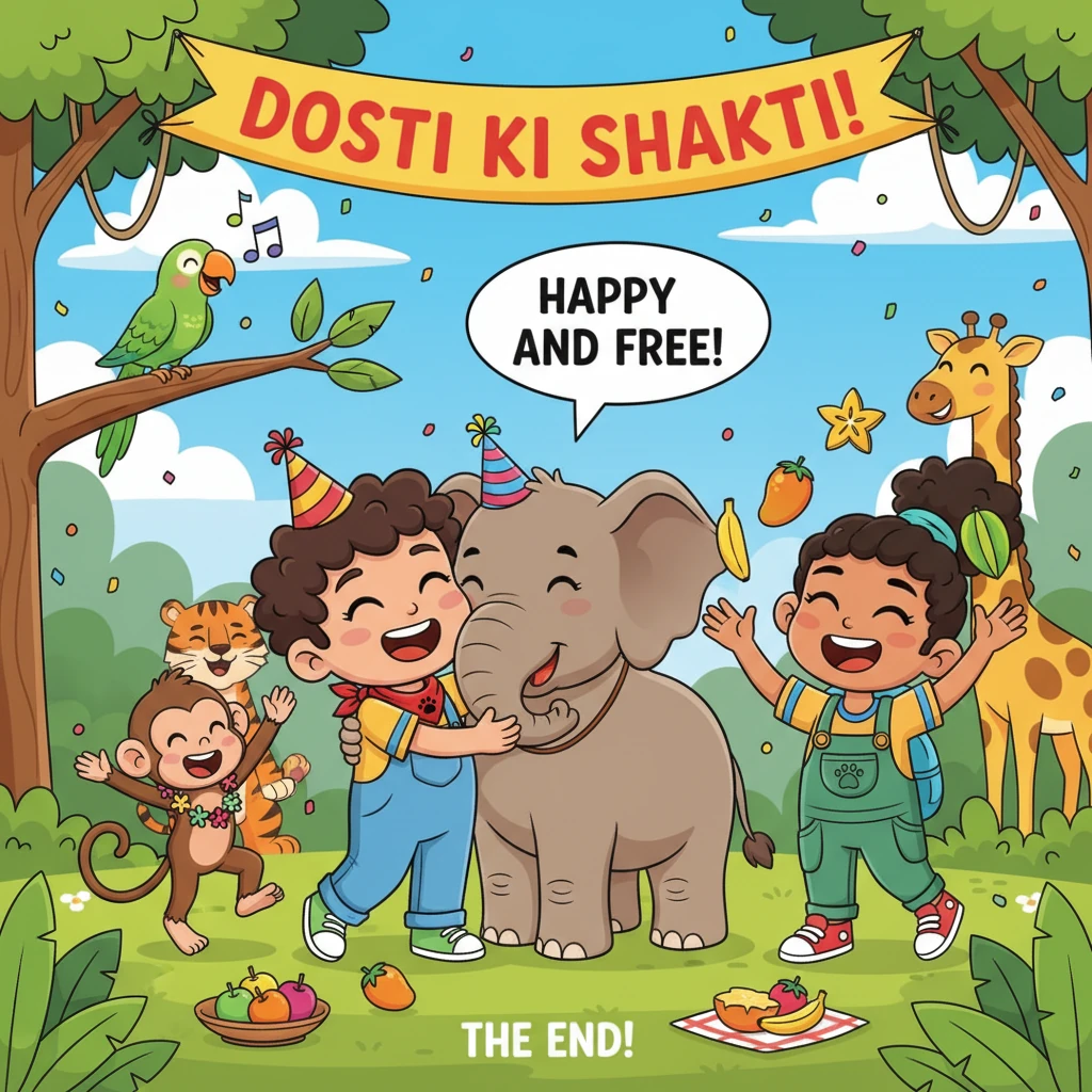 With the hunter gone, the jungle is safe again! Raju, Moni, Gajju, Mithu, and Chinu celebrate their victory with a grand party. Moni juggles fruits, M