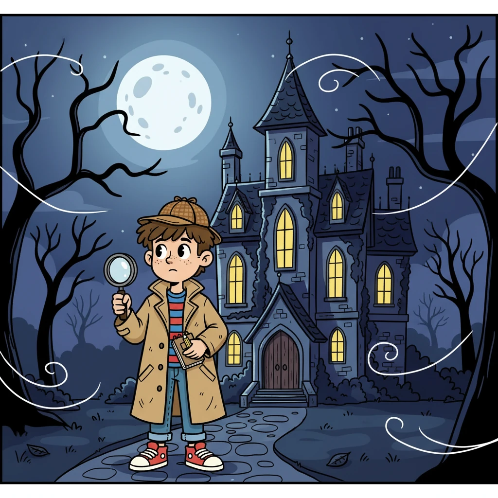 Marco, un giovane detective con un fiuto infallibile, arriva in una villa isolata. La luna piena illumina la scena, creando un'atmosfera misteriosa. L'aria è fredda e l'unico suono è il vento che soffia tra gli alberi.