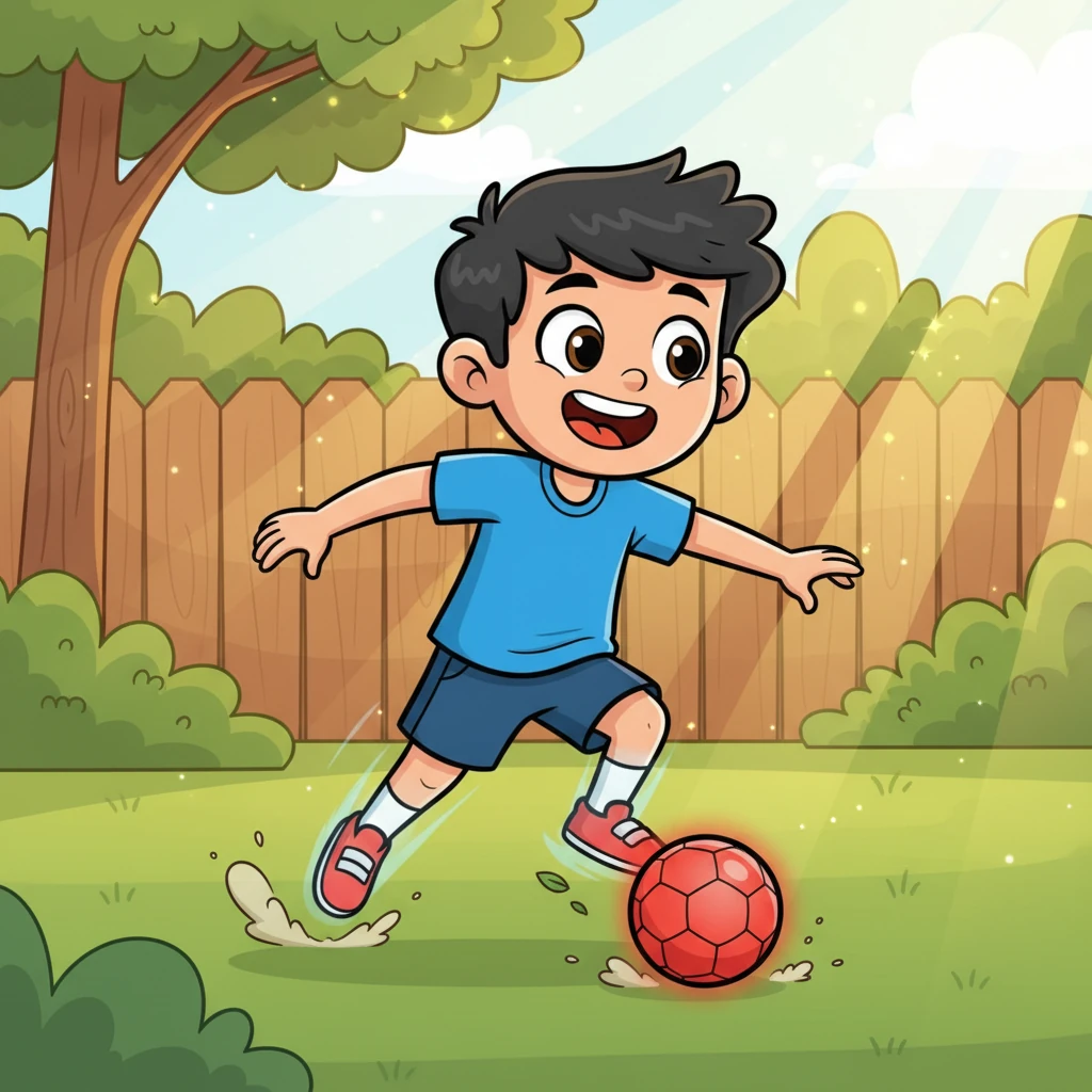 Iker está en su patio trasero, con una brillante pelota de fútbol roja a sus pies. Viste una camiseta azul y una enorme sonrisa de alegría, practicando su regate con increíble velocidad, sus piernas son un borrón de movimiento. La luz del sol se filtra, haciendo que cada uno de sus movimientos brille con energía y determinación.