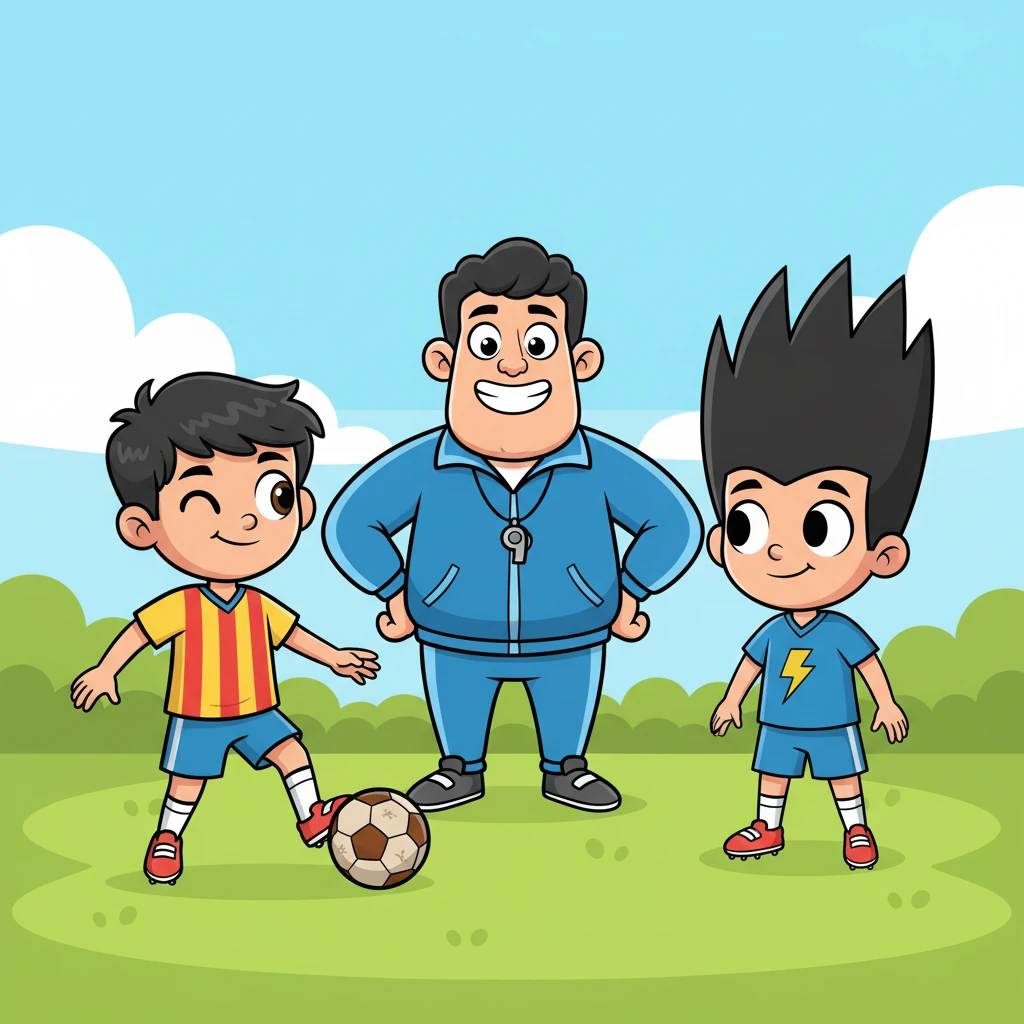 En un vibrante campo verde, Iker entrena con su equipo, Los Rayos Azules. Pasa el balón con un guiño a su amigo Leo, que tiene un pelo exagerado y puntiagudo. Su entrenador, un gigante amistoso con un silbato, observa orgulloso cómo Iker controla el balón sin esfuerzo.