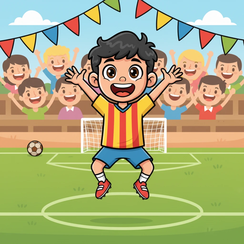 ¡Día de partido! Iker, con su uniforme impecable y sus tacos relucientes, se para al borde de un bullicioso campo de fútbol. Banderines de colores ondean y padres emocionados animan desde las gradas, sus caras llenas de anticipación. Iker salta sobre las puntas de sus pies, sus ojos brillando con espíritu competitivo.