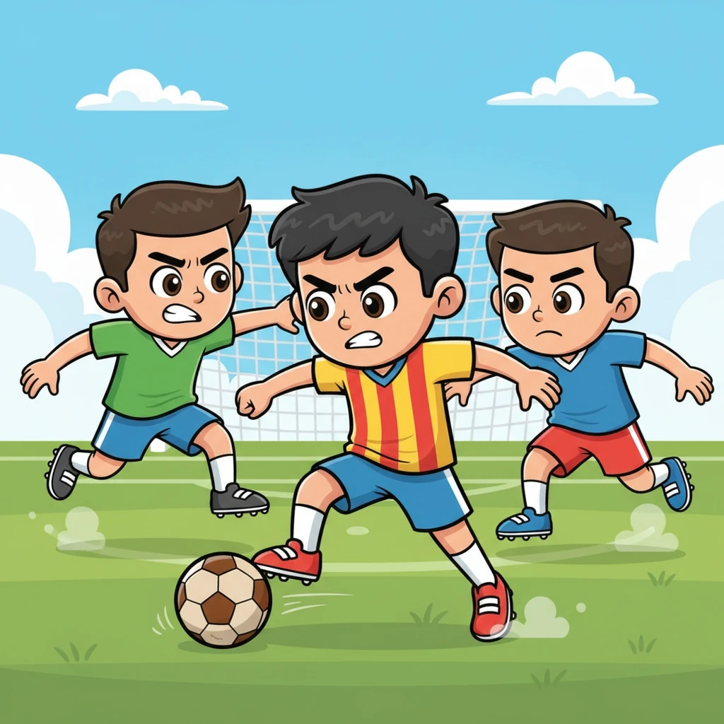 El partido es intenso, con acción dinámica por todo el campo. Jugadores rivales, con expresiones decididas, intentan bloquear el camino de Iker. Él se escabulle y esquiva, con la cara concentrada, pero la portería sigue siendo esquiva por ahora.