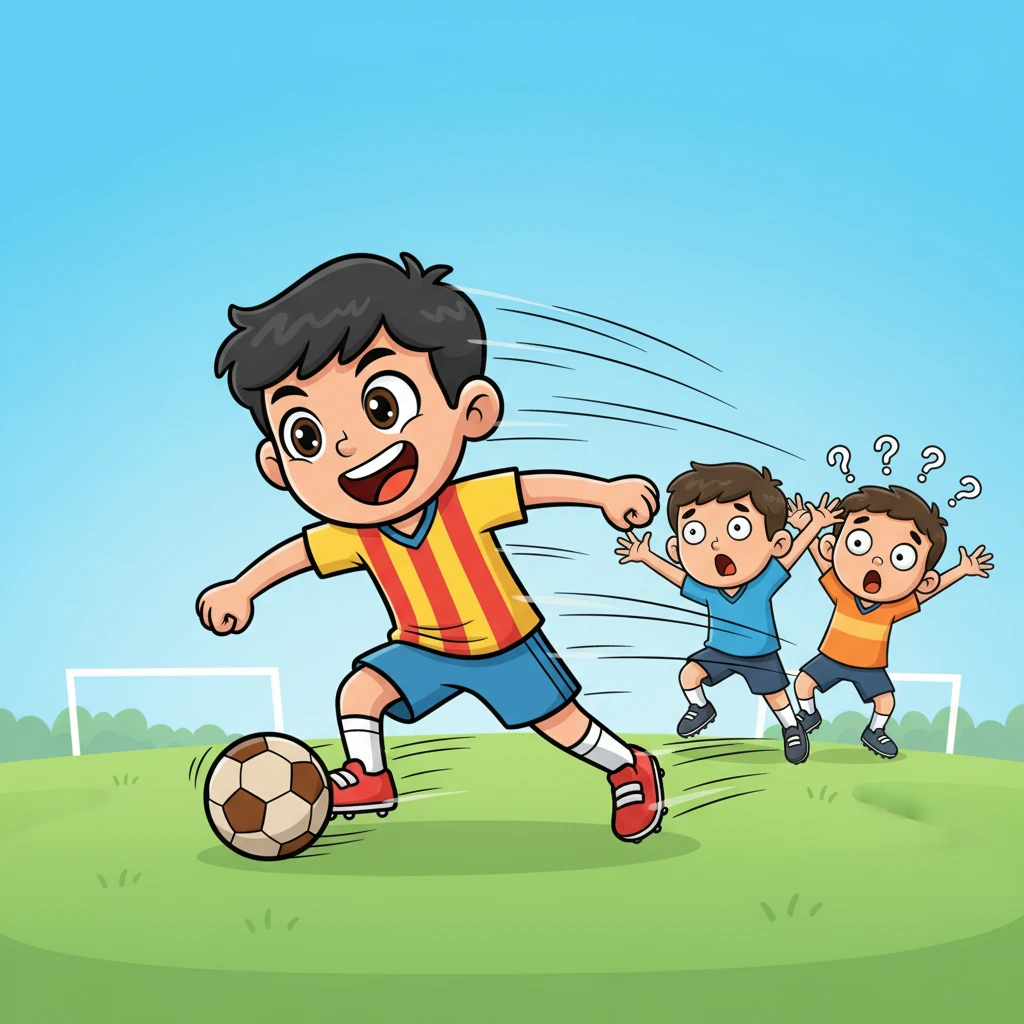 De repente, Iker ve una oportunidad. Sale disparado como un cohete, regateando el balón con increíble habilidad, su cuerpo inclinado en los giros. Pasa velozmente a dos defensores desconcertados, sus brazos agitándose cómicamente mientras los deja atrás.