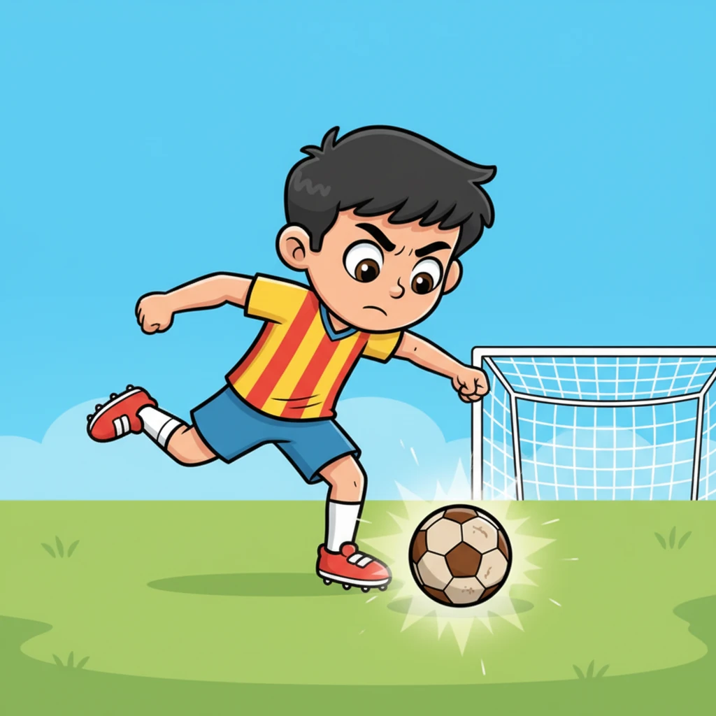 Con la portería a la vista, Iker se prepara para un potente disparo. Su pierna está echada hacia atrás, los músculos exagerados, y sus ojos están fijos en la red. El balón brilla con energía, listo para ser lanzado.