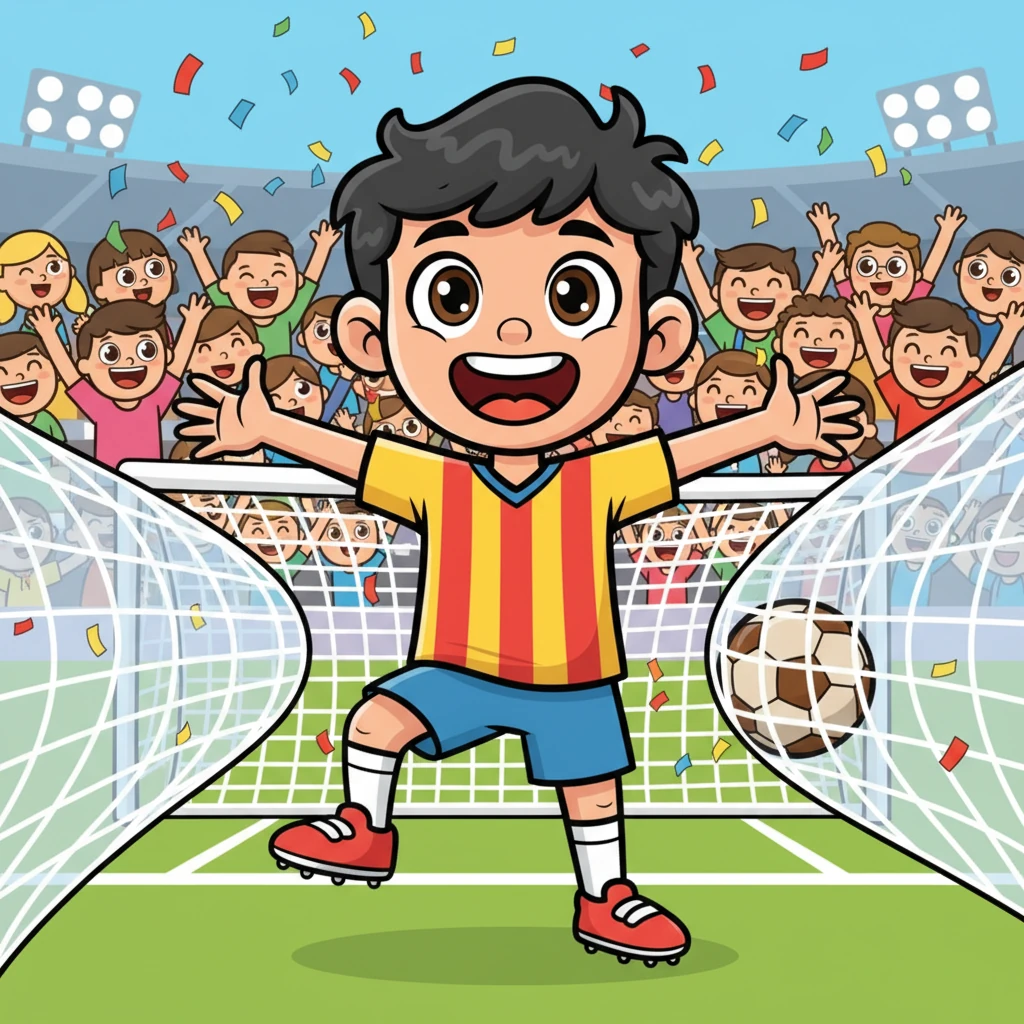 ¡GOOOOL! El balón se lanza hacia la red, haciéndola ondular dramáticamente. La multitud estalla en vítores, e Iker levanta los brazos en una pose alegre y triunfante, con una enorme sonrisa de éxtasis en su cara. Parece que confeti explota a su alrededor.