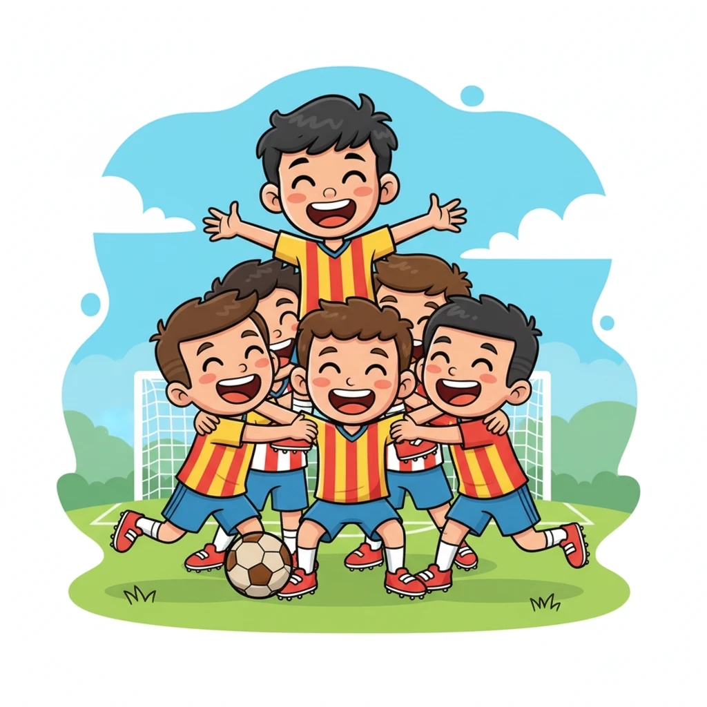 Sus compañeros de equipo corren hacia él, apilándose en un abrazo grupal lleno de alegría. Levantan a Iker sobre sus hombros, todos riendo y celebrando su éxito compartido. Sus caras irradian felicidad y camaradería.