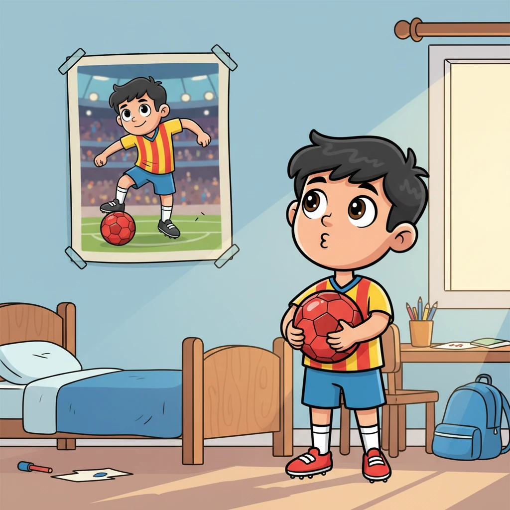 Más tarde, en su habitación, Iker mira un póster de su héroe del fútbol, un delantero legendario. Sostiene su propio balón rojo brillante, con una expresión pensativa y soñadora en su rostro, imaginando todos los futuros goles que marcará.