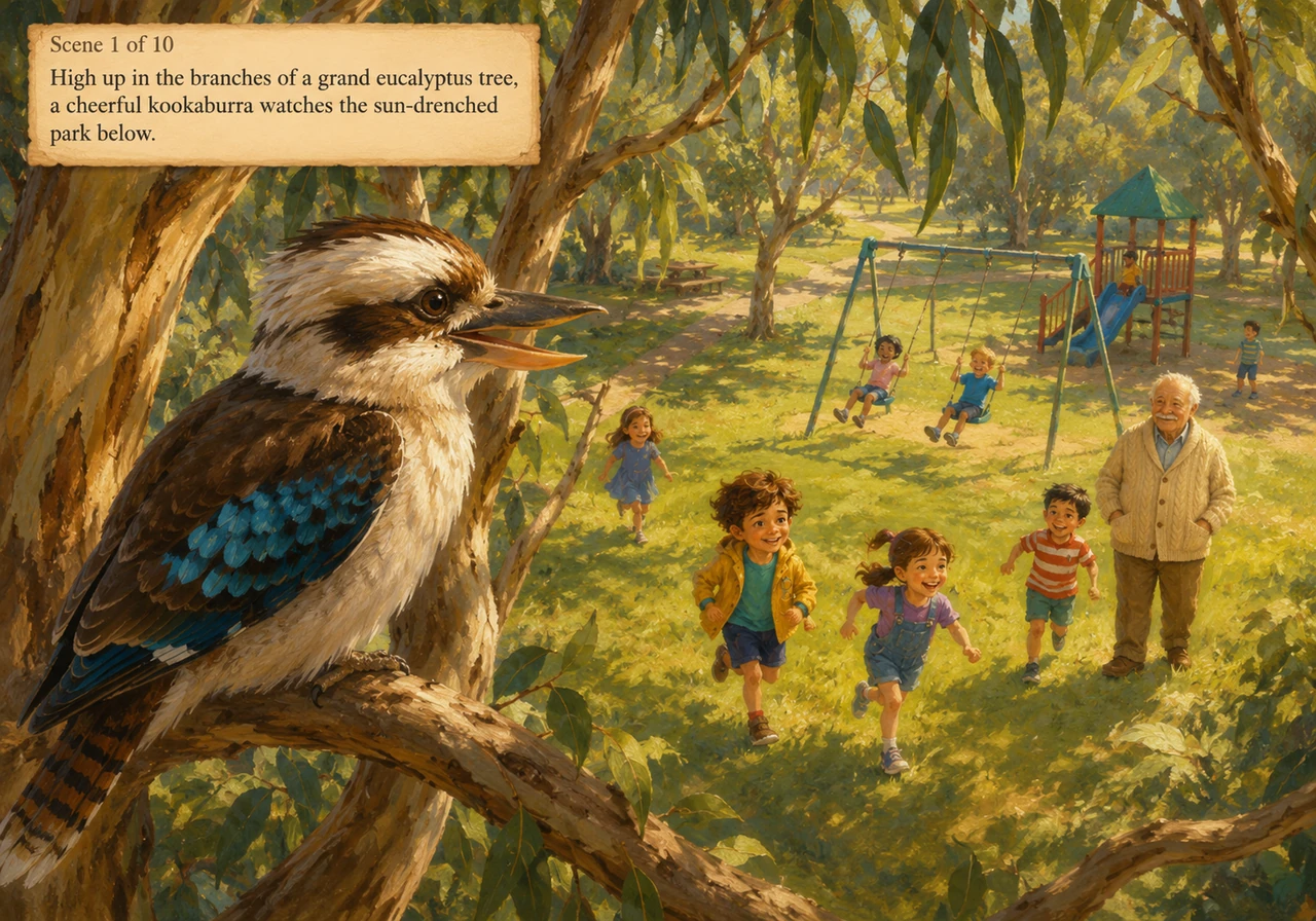 High up in the branches of a grand, sweeping eucalyptus tree, a cheerful kookaburra watches the sun-drenched park below. Children are running, swingin