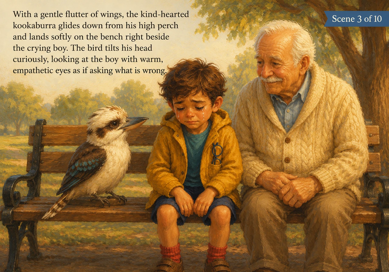 With a gentle flutter of wings, the kind-hearted kookaburra glides down from his high perch and lands softly on the bench right beside the crying boy.