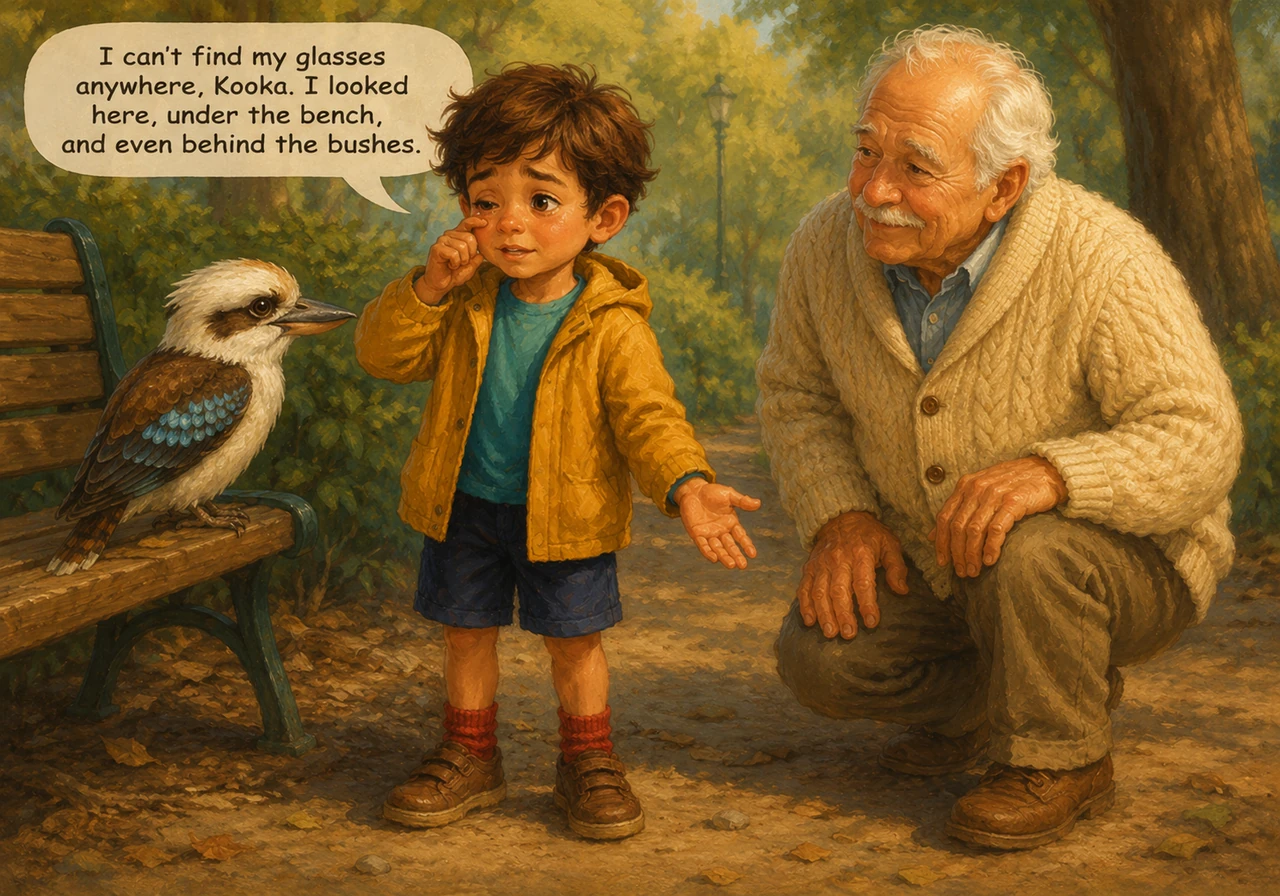The boy looks up, wiping a tear from his eye, and speaks to the friendly bird while gesturing to the ground around him. The kookaburra offers a comfor