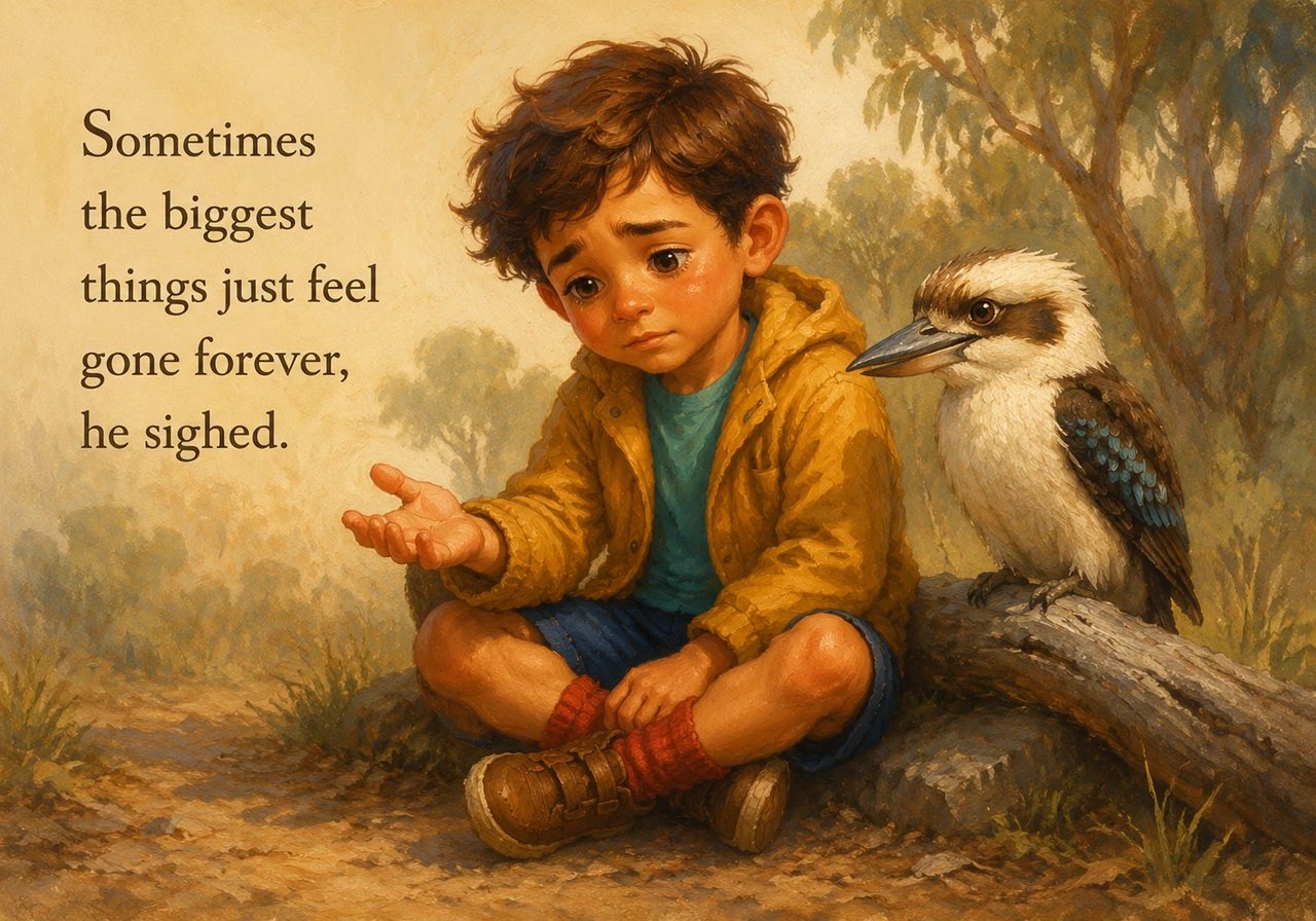 The boy gestures with an open, empty hand, his face clouded with a deeper sadness as he speaks of bigger losses that feel gone forever. The kookaburra