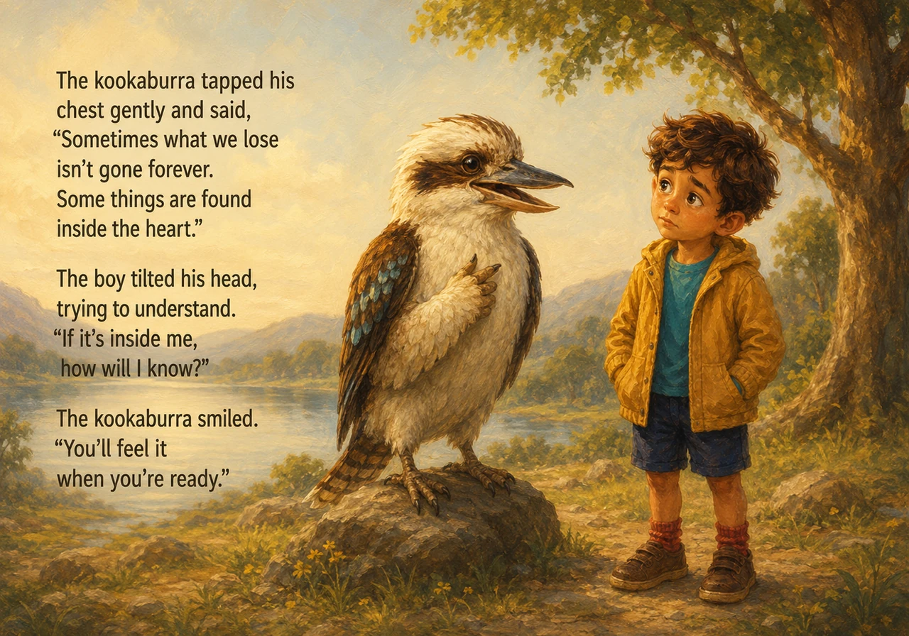 The kookaburra gently taps his own chest right over his heart, sharing a beautiful secret with the young boy. The boy looks puzzled, tilting his head