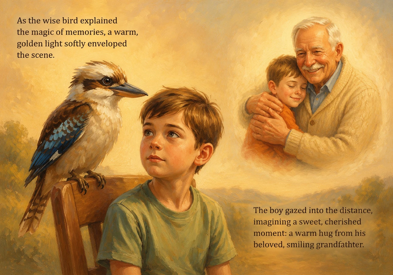 As the wise bird explains the magic of memories, a warm, golden light seems to softly envelop the scene. The boy gazes into the distance, imagining a
