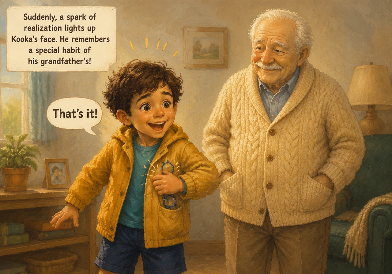 Suddenly, a spark of realization lights up the boy's face as he remembers a special habit of his grandfather's. He eagerly slaps his hand against his