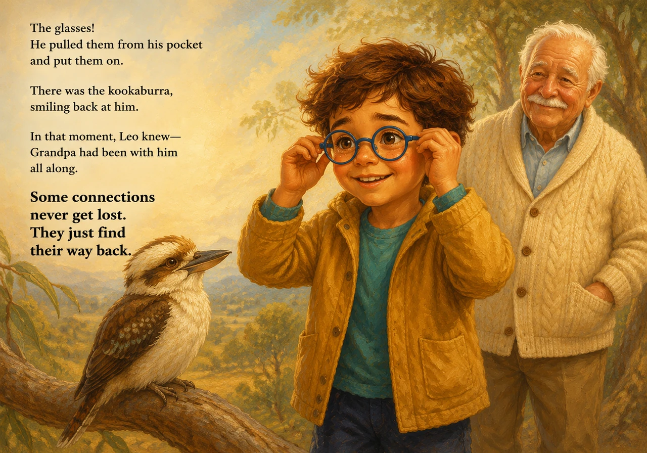 With a bright, triumphant smile, the boy pulls his missing glasses safely out of his pocket and puts them on. He beams at the kookaburra, feeling a de