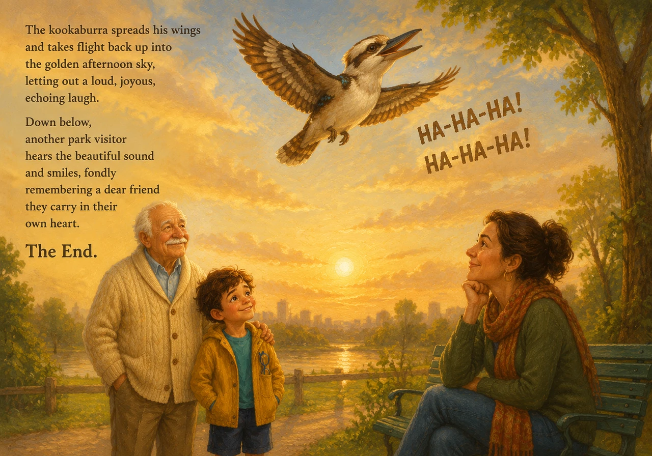 The kookaburra spreads his wings and takes flight back up into the golden afternoon sky, letting out a loud, joyous, echoing laugh. Down below, anothe