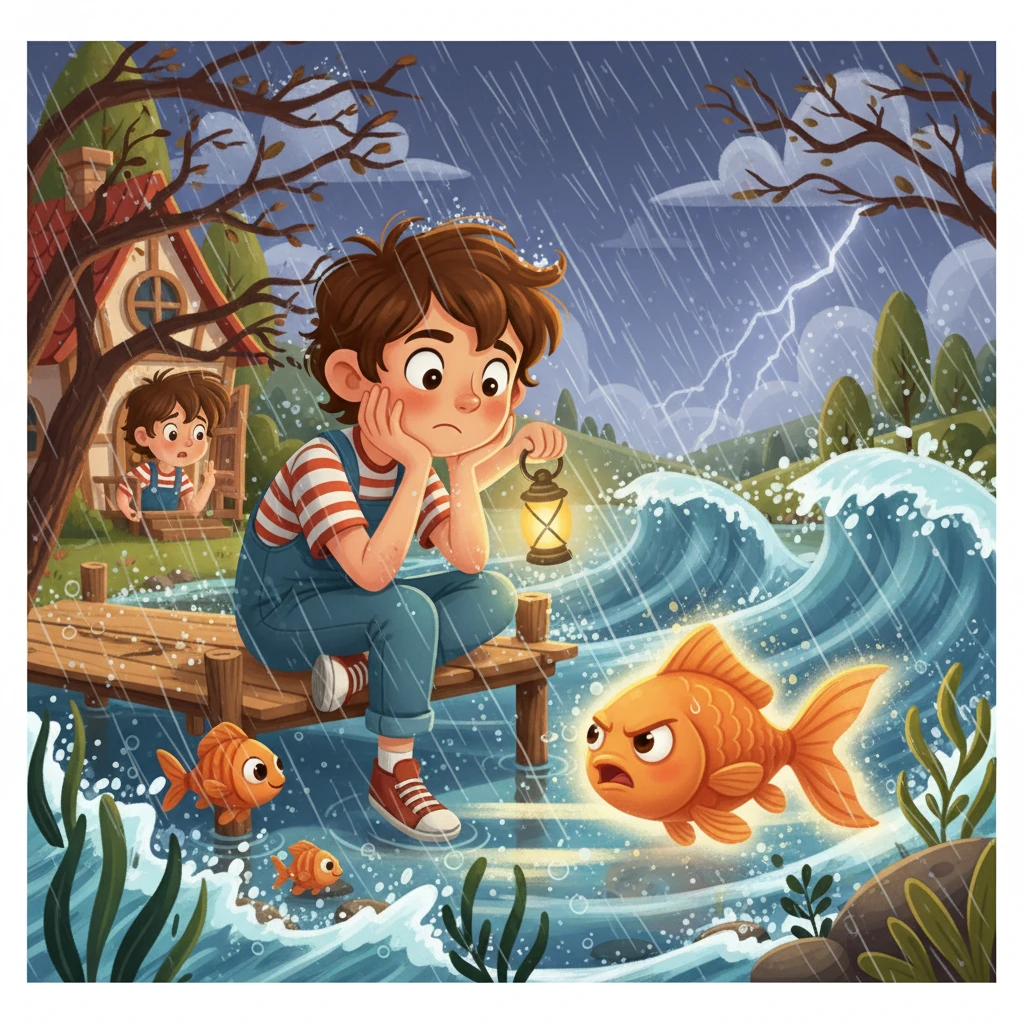 Certa noite, uma tempestade forte atingiu o lago. O vento e a chuva ameaçavam a casa de Miguel. O peixe dourado, percebendo o perigo, nadou até a casa e alertou Miguel.