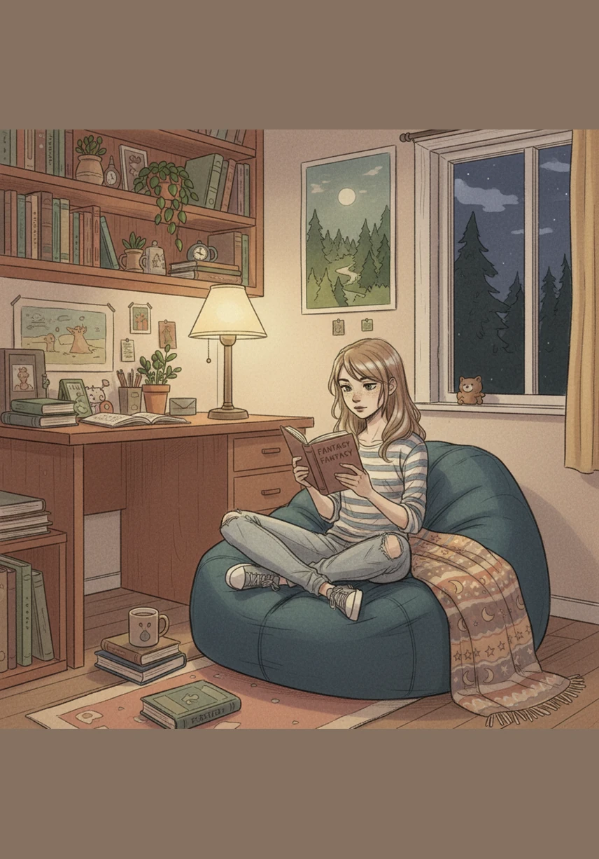 Lena siedzi przy biurku w swoim pokoju, wpatrując się w deszcz za oknem. Choć wydaje się zwyczajną nastolatką, jej oczy zdradzają głębokie zamyślenie i niepokój, który towarzyszy jej od rana. Na biurku leżą rozrzucone szkice i podręczniki do szkoły, a pokój wypełnia miękkie, popołudniowe światło.