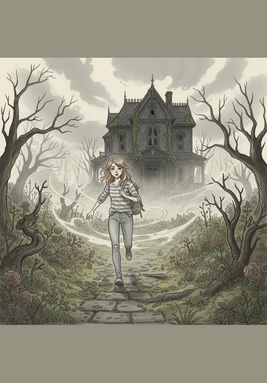 Nocą Lena przenosi się do innego świata, gdzie biegnie przez mglisty ogród w stronę starego, opuszczonego domu. Sen jest tak realistyczny, że dziewczyna czuje chłód nocnego powietrza i zapach wilgotnej ziemi pod stopami. W oknie na piętrze dostrzega niewyraźną sylwetkę, która wydaje się ją obserwować.