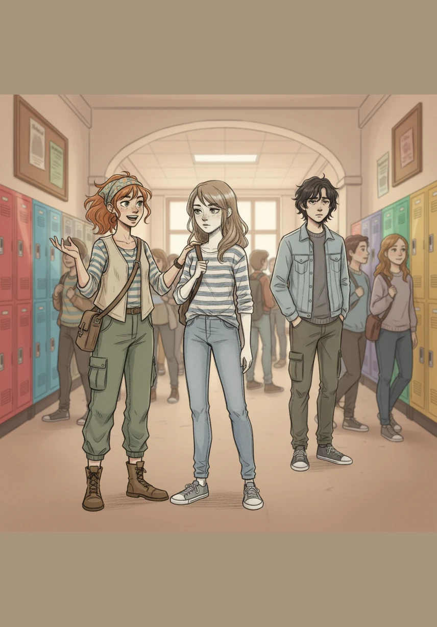 W gwarnym szkolnym korytarzu Maja energicznie gestykuluje, opowiadając o nowym pomyśle, podczas gdy Lena wygląda na nieobecną. Kolorowe szafki i tłum uczniów tworzą tło dla ich kontrastujących osobowości. Maja kładzie rękę na ramieniu przyjaciółki, próbując wyrwać ją z dziwnego odrętwienia i melancholii.