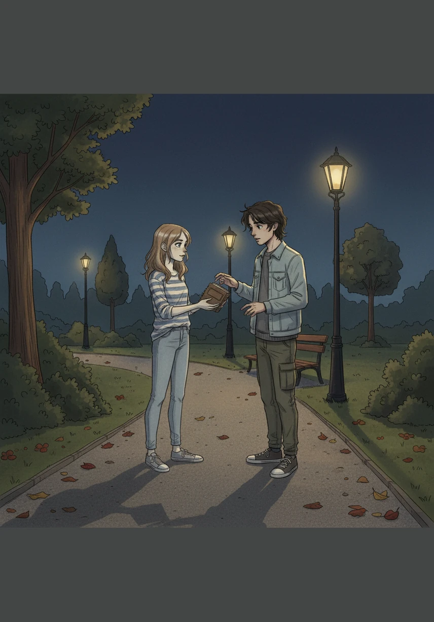 Pod wieczornym, granatowym niebem w parku, Kacper wyznaje Lenie, że on również szuka prawdy o wydarzeniach sprzed lat. Stoją blisko siebie, a światła latarni rzucają długie, dramatyczne cienie na ich twarze. Lena czuje narastający lęk przed nieznanym, ale jednocześnie zaczyna dostrzegać w chłopaku jedynego prawdziwego sojusznika.